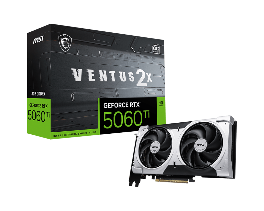 MSI GeForce RTX 5060 Ti 8GB GDDR7 VENTUS 2X OC PLUS GPU – 4608 CUDA. 2600 MHz Boost. PCIe 5.0. DP 2.1b × 3. HDMI 2.1b. Dual‑Fan Stormforce Cooling