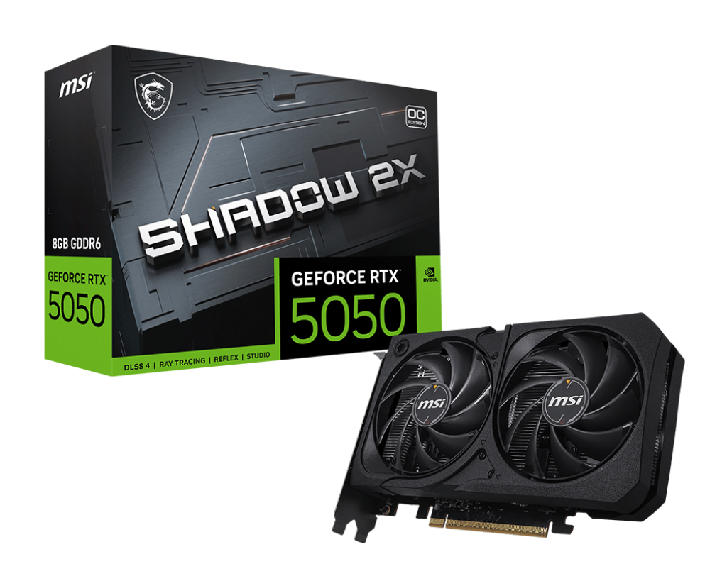 MSI GeForce RTX 5050 8G SHADOW 2X OC – 2560 CUDA Cores. 20 Gbps GDDR6. Boost 2617 MHz. Dual-Fan. PCIe 5.0. 130 W