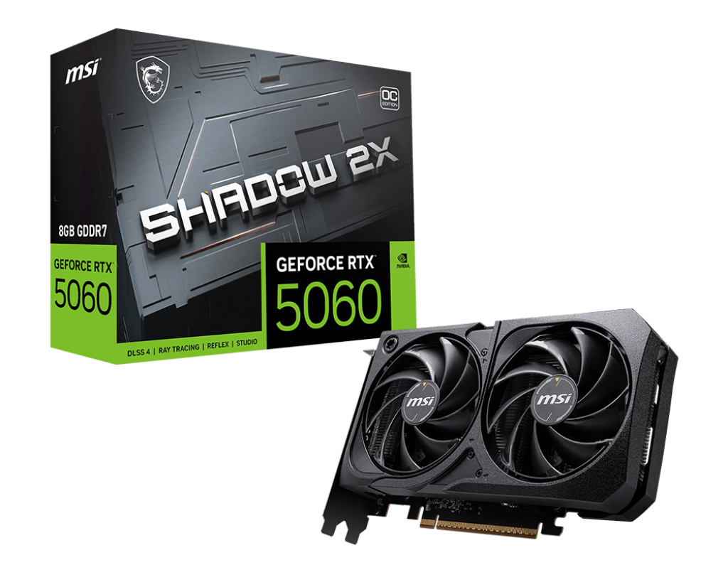 MSI GeForce RTX 5060 SHADOW 2X OC – 8GB GDDR7. 2535 MHz Boost. PCIe 5.0. Dual TORX Fan 5.0. Ray Tracing & DLSS 4