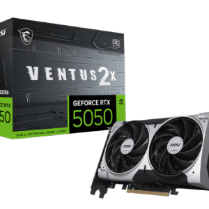 MSI GeForce RTX 5050 8 GB VENTUS 2X OC – NVIDIA Blackwell. 2560 CUDA Cores. 2617 MHz Boost. 20 Gbps GDDR6. 3× DP 2.1b. HDMI 2.1b. PCIe 5.0. 130 W TDP
