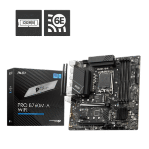 MSI PRO B760M‑A WiFi DDR5 mATX Motherboard – LGA 1700. DDR5 5333 MHz OC. PCIe 4.0. Wi‑Fi 6E. 2.5 Gb LAN