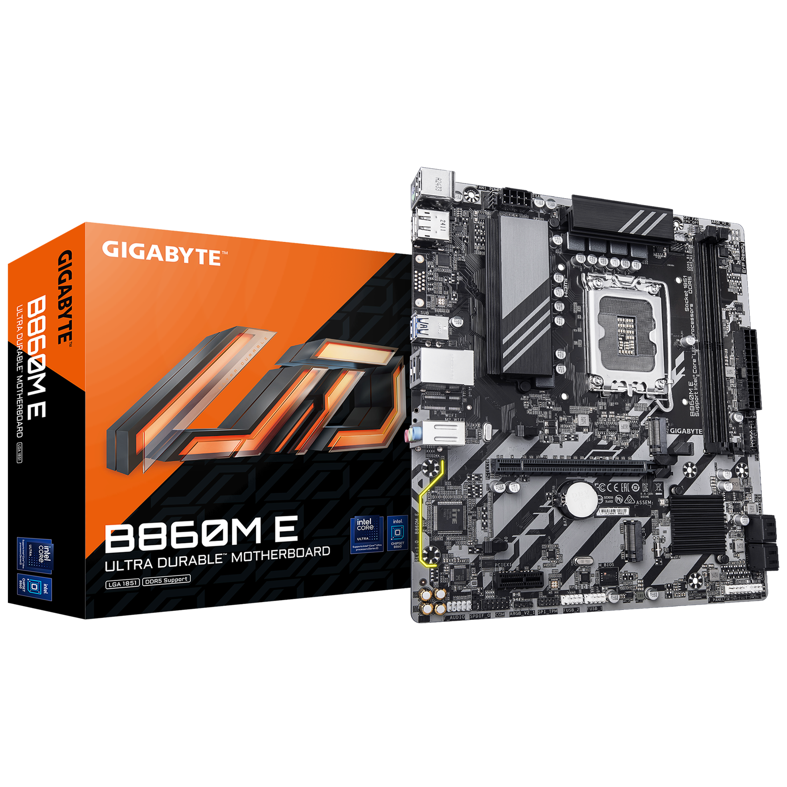 Gigabyte B860M E mATX Motherboard – LGA 1851 (Intel Core Ultra 2). DDR5 up to 9.066 MT/s OC. PCIe 5.0 & PCIe 4.0 M.2. 2.5 GbE. HDMI/DP